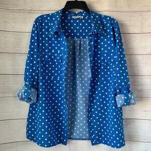 Studio Works Blue and White Polka Dot Button Down Shirt Roll Tab Long Sleeve